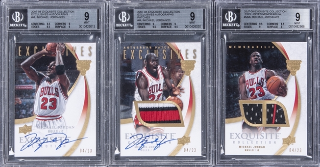 2007-08 UD "Exquisite Collection" Michael Jordan Exclusive Card Examples (3 Different) – All Serial-Numbered "04/23" and Graded BGS MINT 9 – With Signed Presentation Box (UDA)